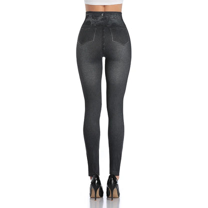 High Waist Faux Denim Print Leggings Women