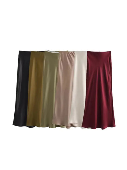 Ladies Satin Skirt Women High Waist Long Skirts