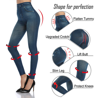 High Waist Faux Denim Print Leggings Women