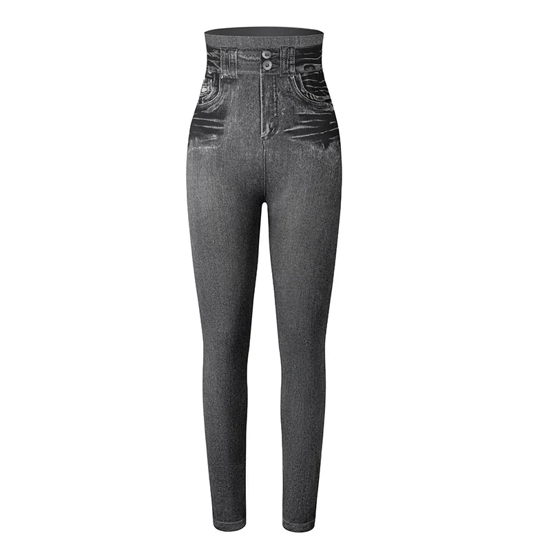 High Waist Faux Denim Print Leggings Women