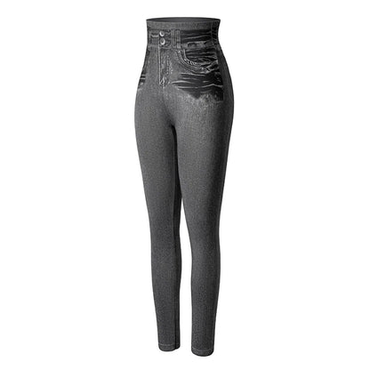 High Waist Faux Denim Print Leggings Women