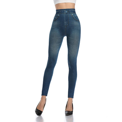 High Waist Faux Denim Print Leggings Women