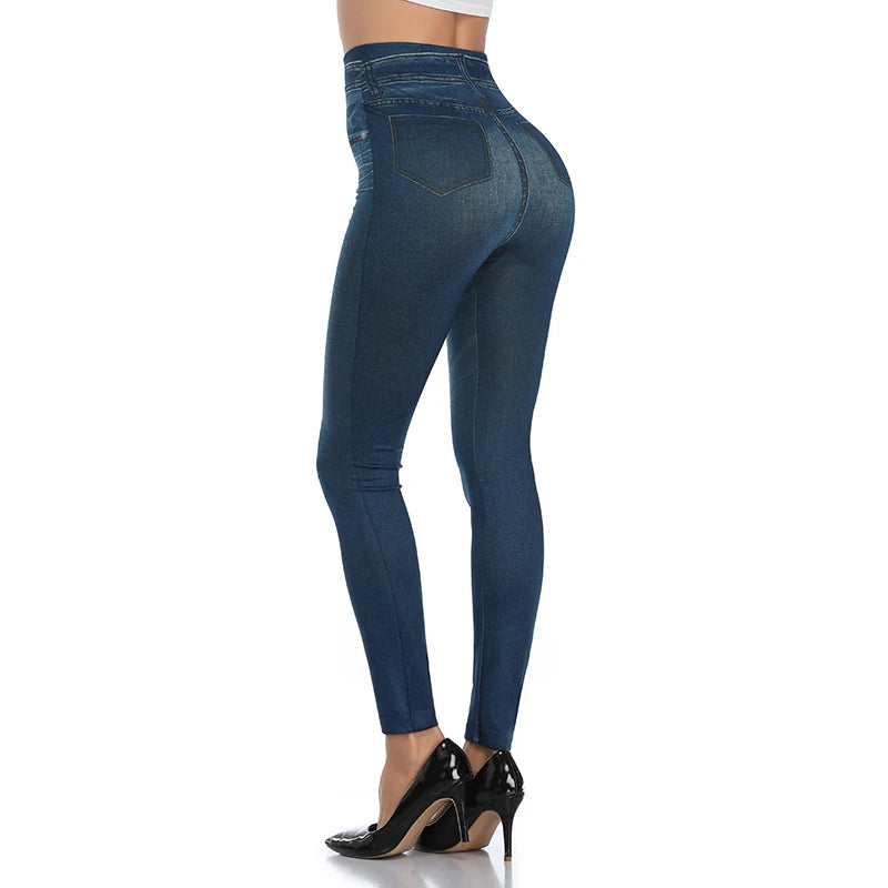 High Waist Faux Denim Print Leggings Women